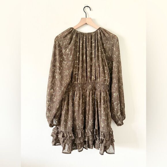 NWT Entro Long Sleeve Ruffle Mini Dress in Brown Multi Abstract Print - Size S - Picture 7 of 7